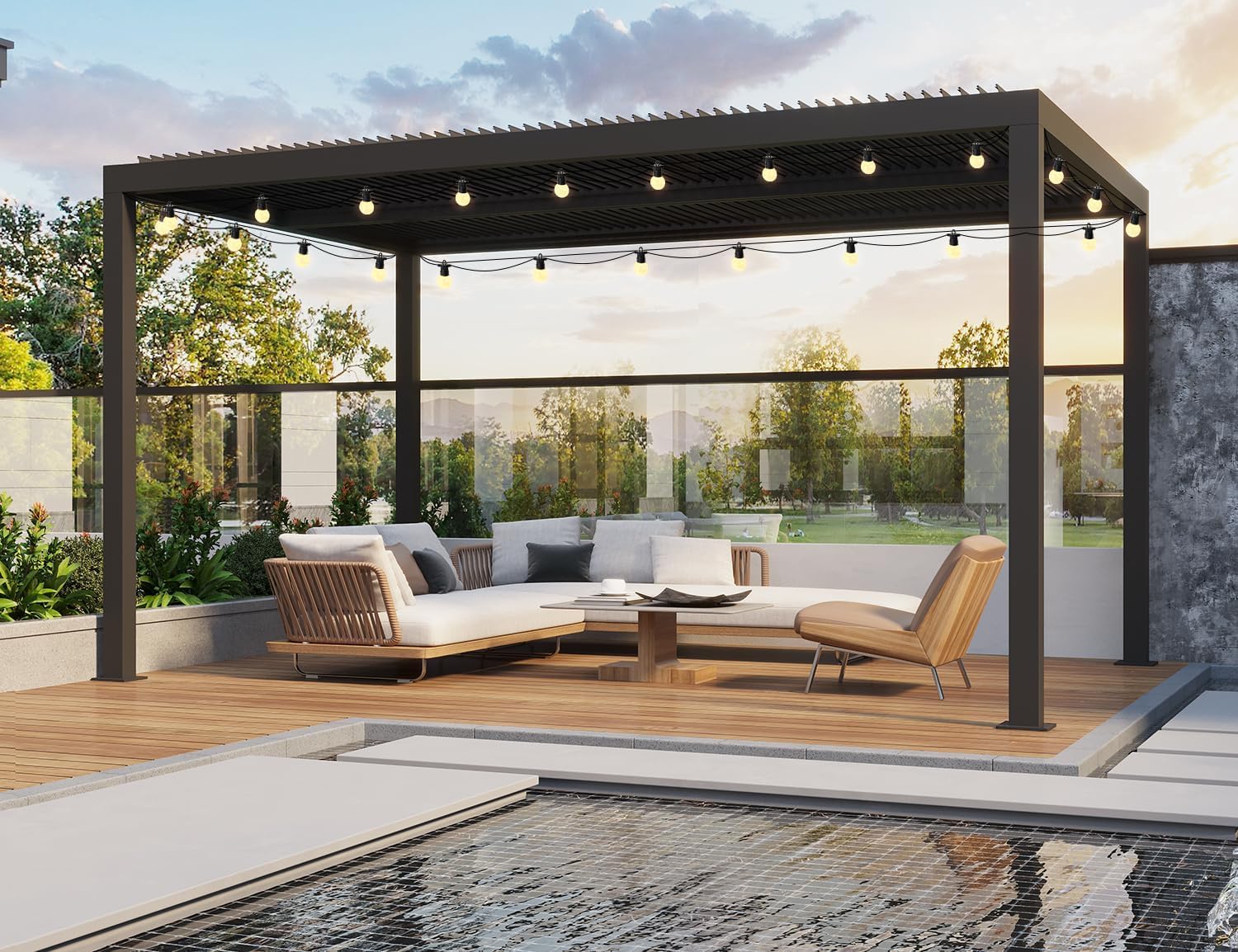 bleujardin - Pergola bioclimatique série aluminium - 4,6x3,3 m - lames orientables, éclairage intégré