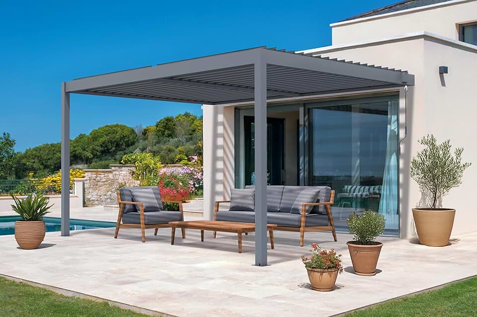 bleujardin - Piana - pergola adossée 4x3m alu gris, 3 persiennes brise-vue