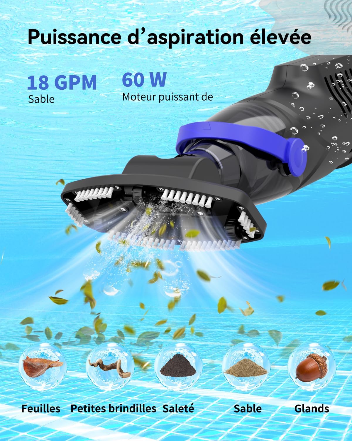 Aspirateur piscine sans fil - 4100 L/h - 36,8 kPa - 60 min, 2 filtres