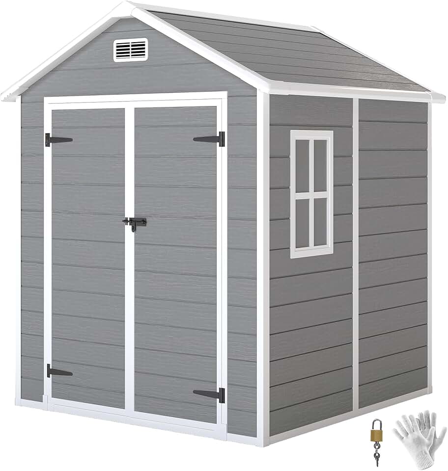 Abri de jardin - bleujardin en résine 2,7 m² avec Plancher Structure en Aluminium 182 x 151 x 219 cm, cabane de Jardin cabanon Rangement Outils Portes avec Serrure et clés 3 fenêtre, Gris Global Recycled Standard
