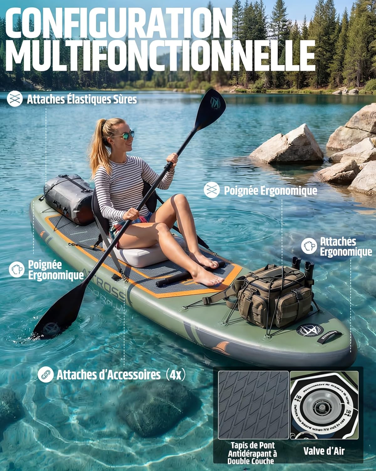 Planche de paddle gonflable adulte - 366x92cm - 240kg, siège kayak