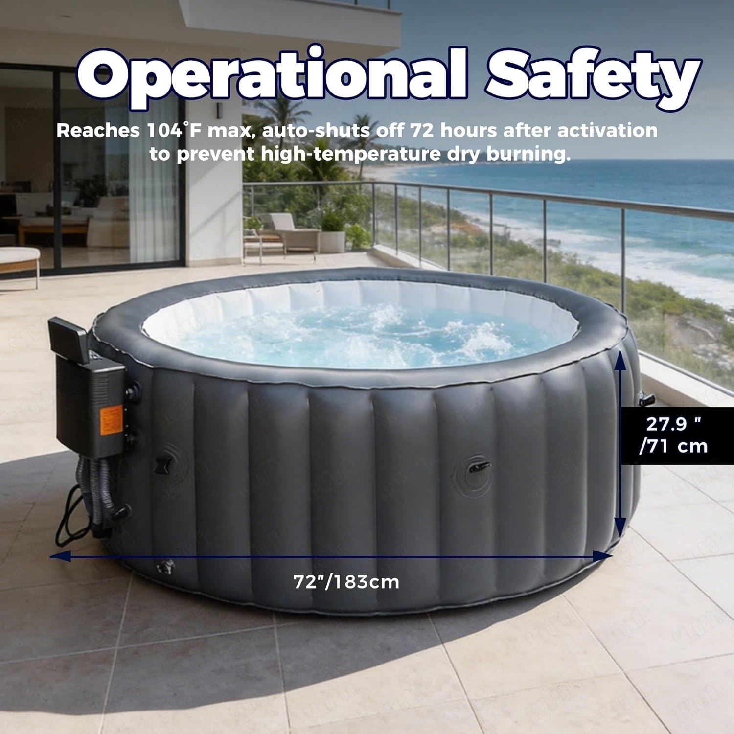 Spa Gonflable Portable d'extérieur 72 Pouces (183 cm) pour 2 à 4 Personnes, 110 Jets d'air, avec Chauffage, Filtre et Tapis de Sol Inclus