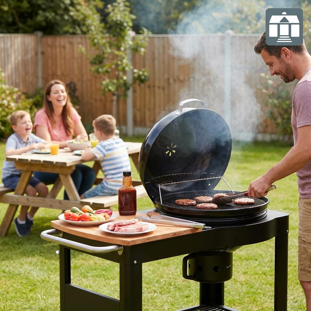 bleujardin - Barbecue Calgary - acier/bois - couvercle thermomètre, tablettes, 2 roues, noir