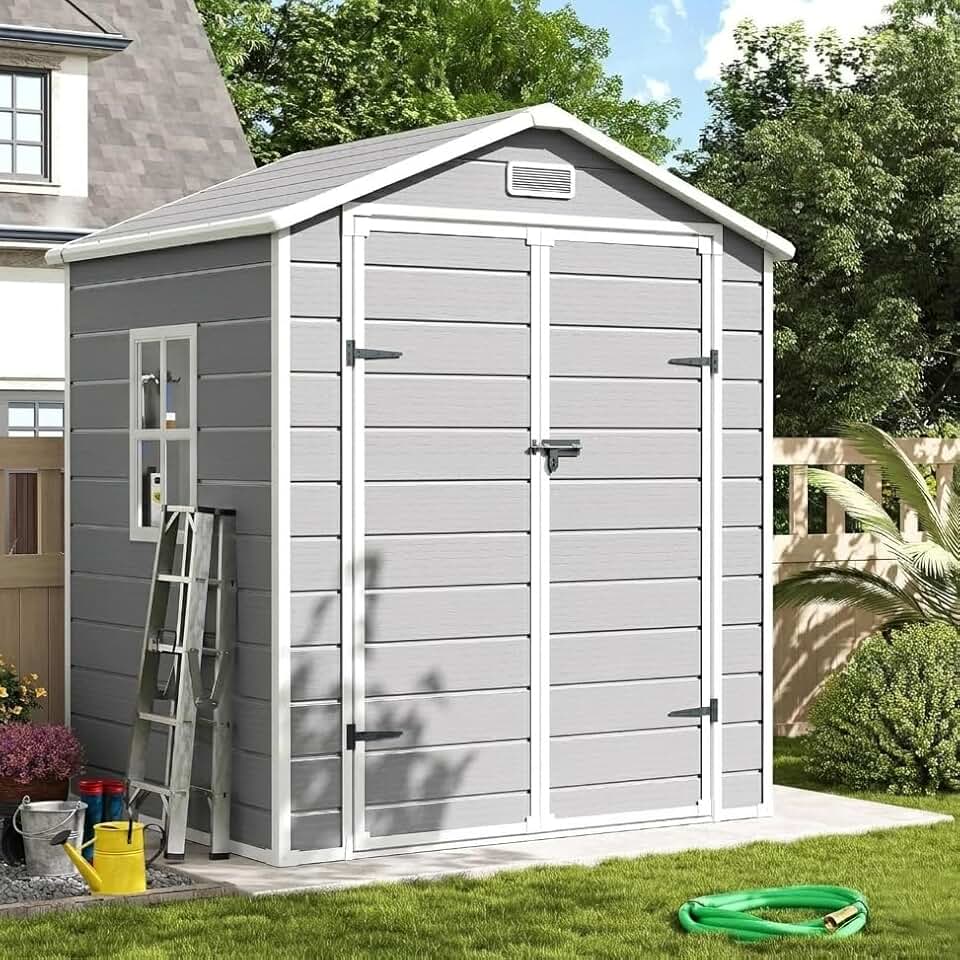 Abri de jardin résine, 184x135x210cm, toit incliné, porte verrouillable, 12mm, UD184135210