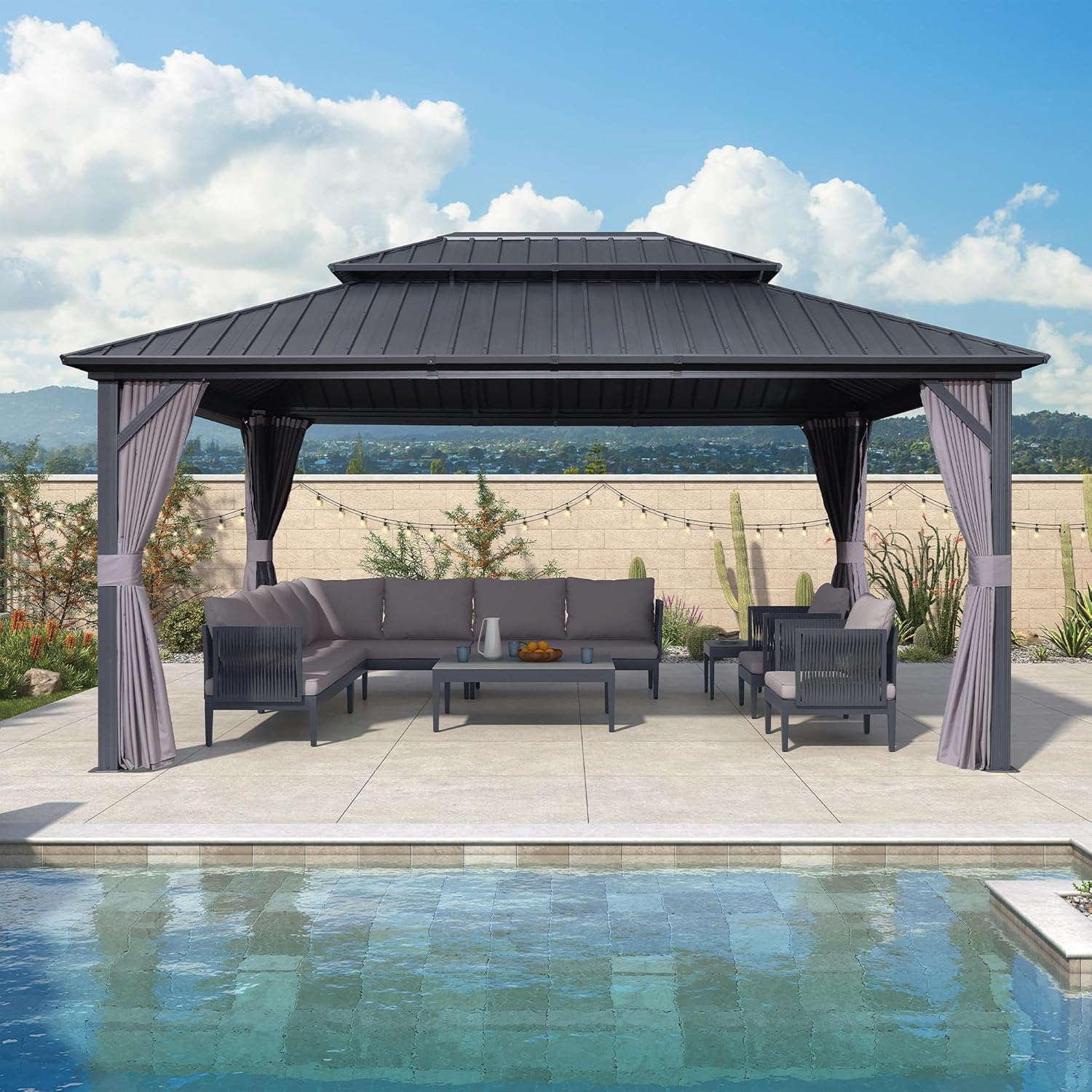 bleujardin - pergola série double toit - 4,85x3,65 m - alu acier, rideaux, moustiquaire