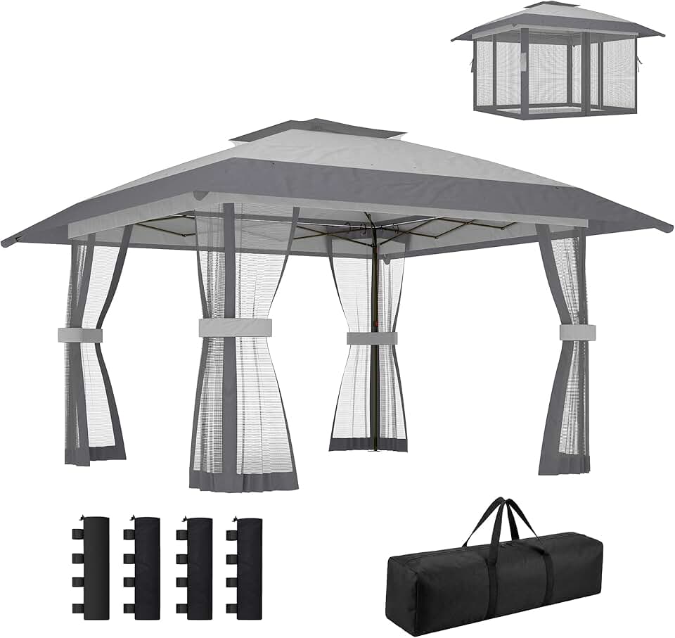 bleujardin Tonnelle de Jardin 4 x 4 m Pop up Tente Pliante réglable en Hauteur Protection UV30+ tonnelle Pliante avec Double Toit 4 parois en Maille 4 Sacs de Sable Sac de Transport Montage Facile Gris
