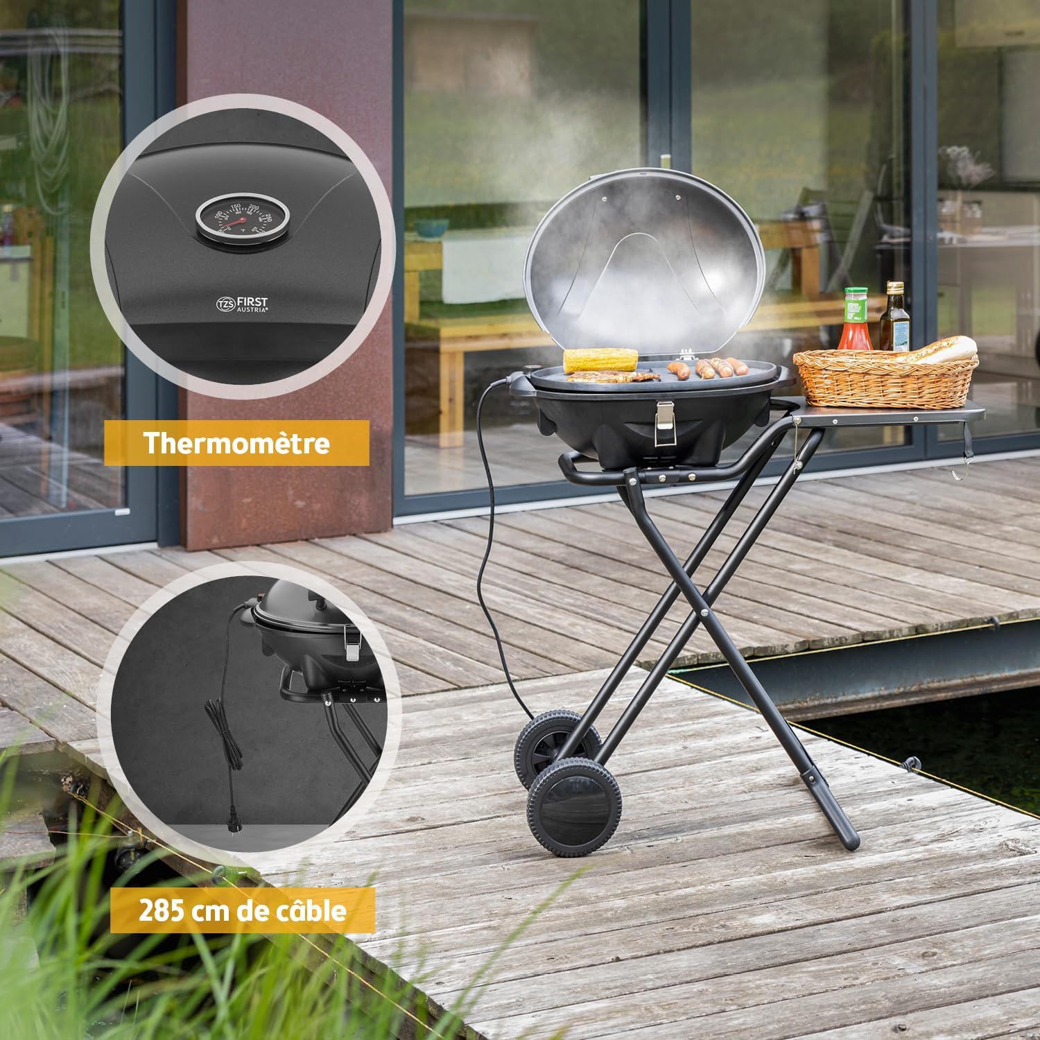 bleujardin - Barbecue 2-en-1 pliable 2400W, couvercle, chariot, thermomètre - TZSFA5350-6