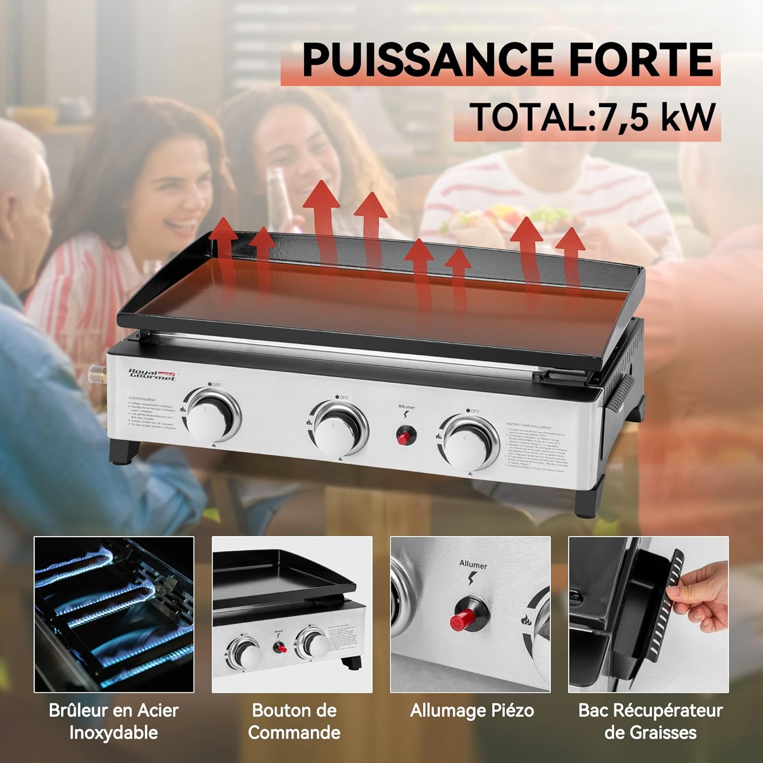 bleujardin - Plancha Gaz 3 brûleurs - 62x35,5 cm - acier émaillé, portable, 7.5kW