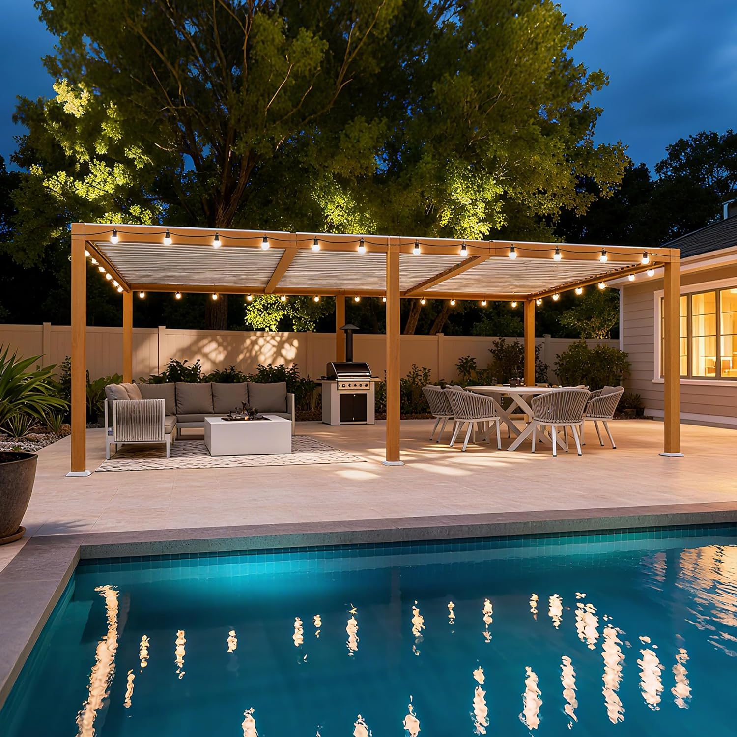 bleujardin - Pergola effet bois - 3.5x6.35m - LED, lames orientables, étanche