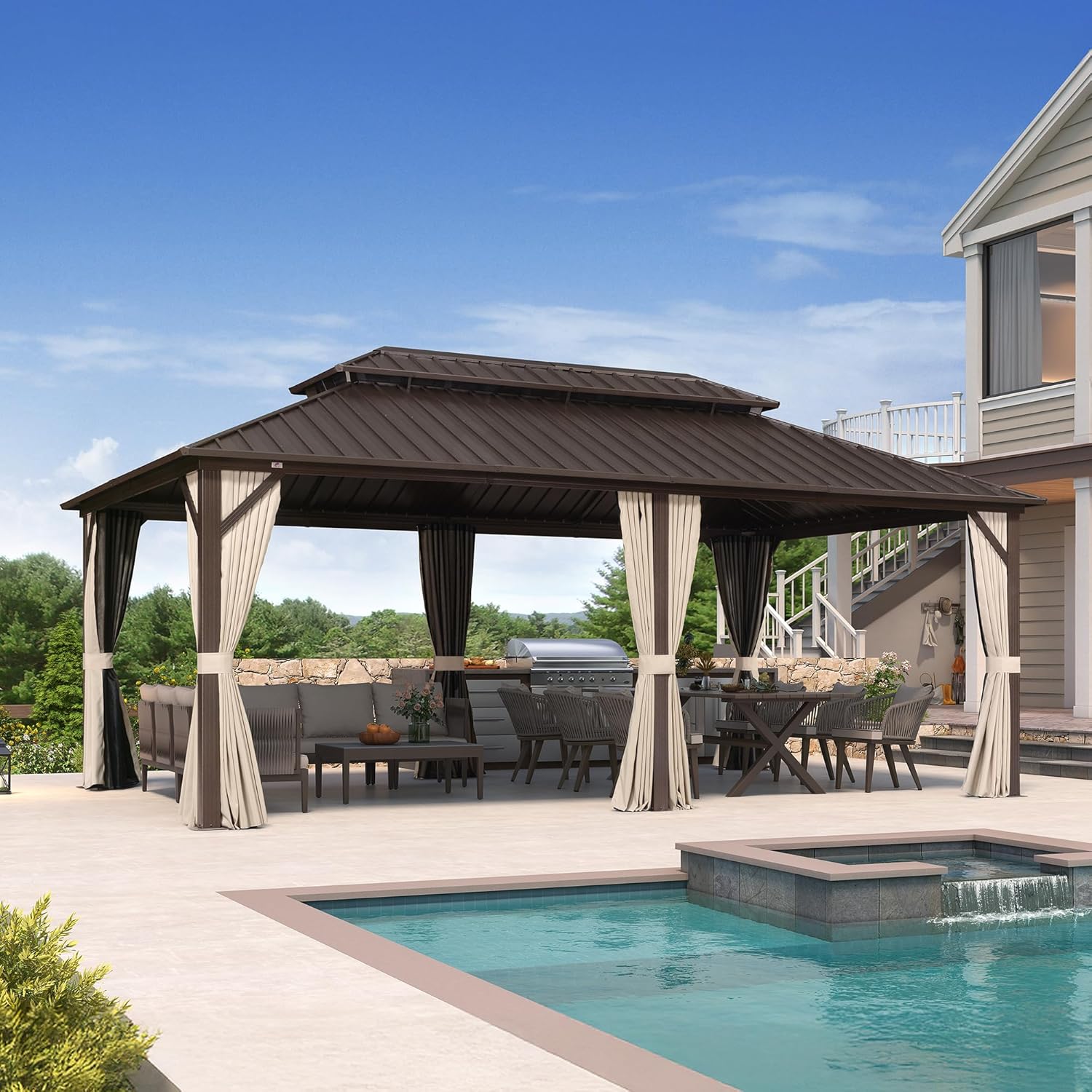 bleujardin - Pergola Jardin Double Toit 6x3,65m, alu, moustiquaire