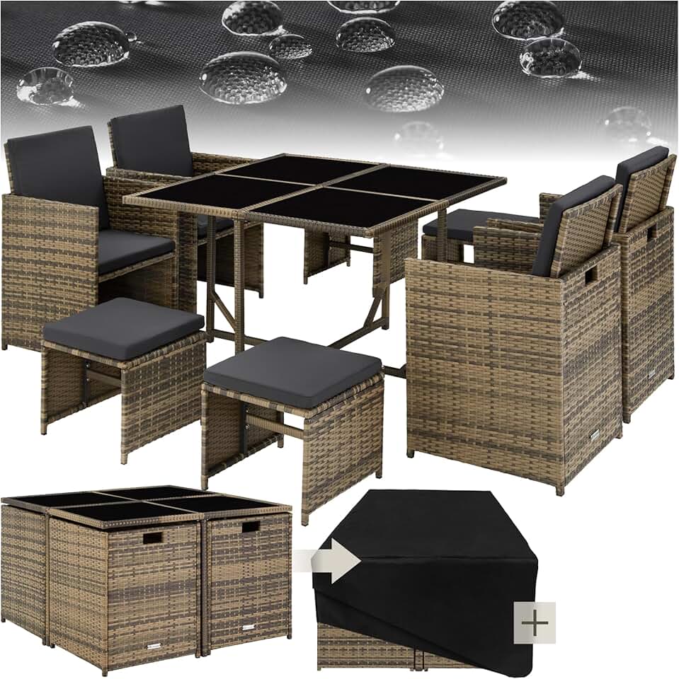 bleujardin - Salon de jardin polyrotin, 4 chaises, 4 tabourets, table, housse, marron