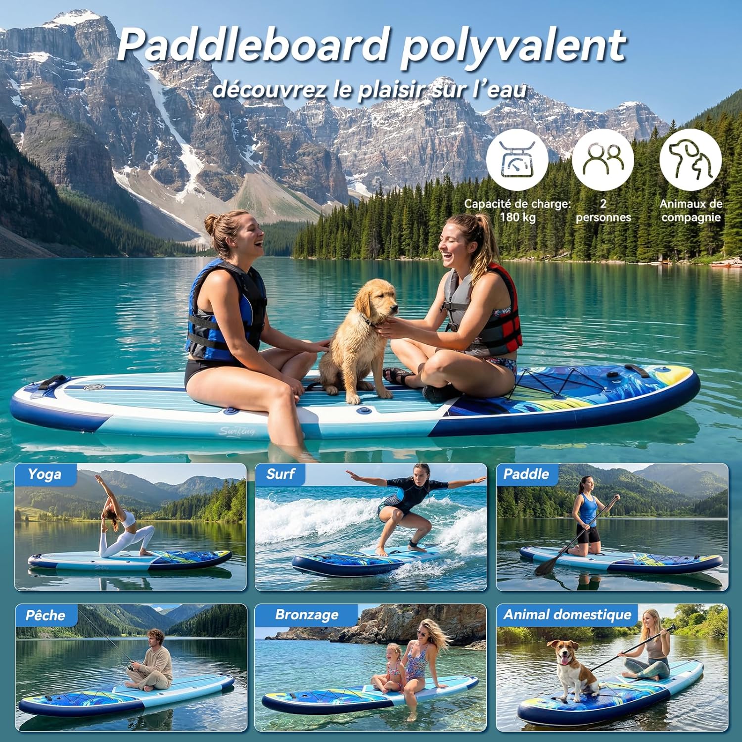 bleujardin - Paddle gonflable adulte 320/335cm - 2 personnes, siège kayak, pagaie, support caméra, 150kg