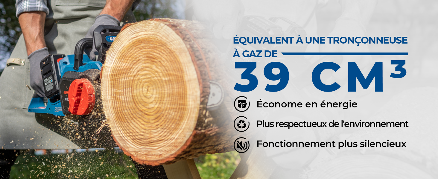 coupant un gros tronc d'arbre. Le texte indique un équivalent de 39 cm³ de gaz, un fonctionnement économe en énergie, respectueux de l'environnement et plus silencieux