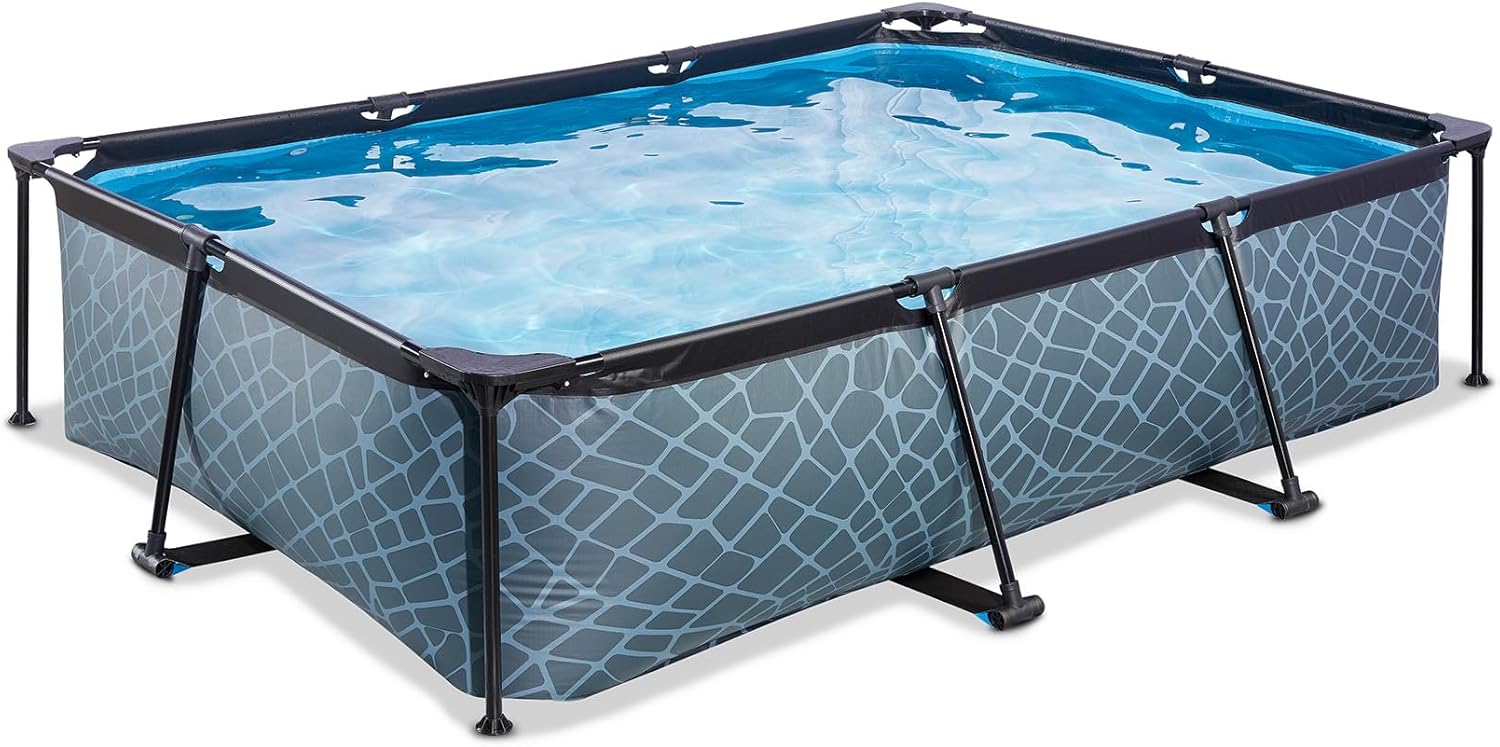 bleujardin Piscine Stone - 300x200x65cm - Piscine Hors Sol Rectangulaire avec Pompe Filtrante à Cartouche - Entrée Basse - Idéal pour Les Jeunes Enfants - Cadre Stable - Design Unique - Gris