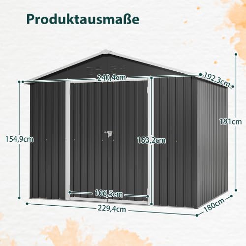 Gartenhaus en métal, abri de jardin 240x192x191 cm, avec porte coulissante et 4 aérations, abri de jardin verrouillable et résistant aux intempéries, pour stockage de jardin et vélos, Noir