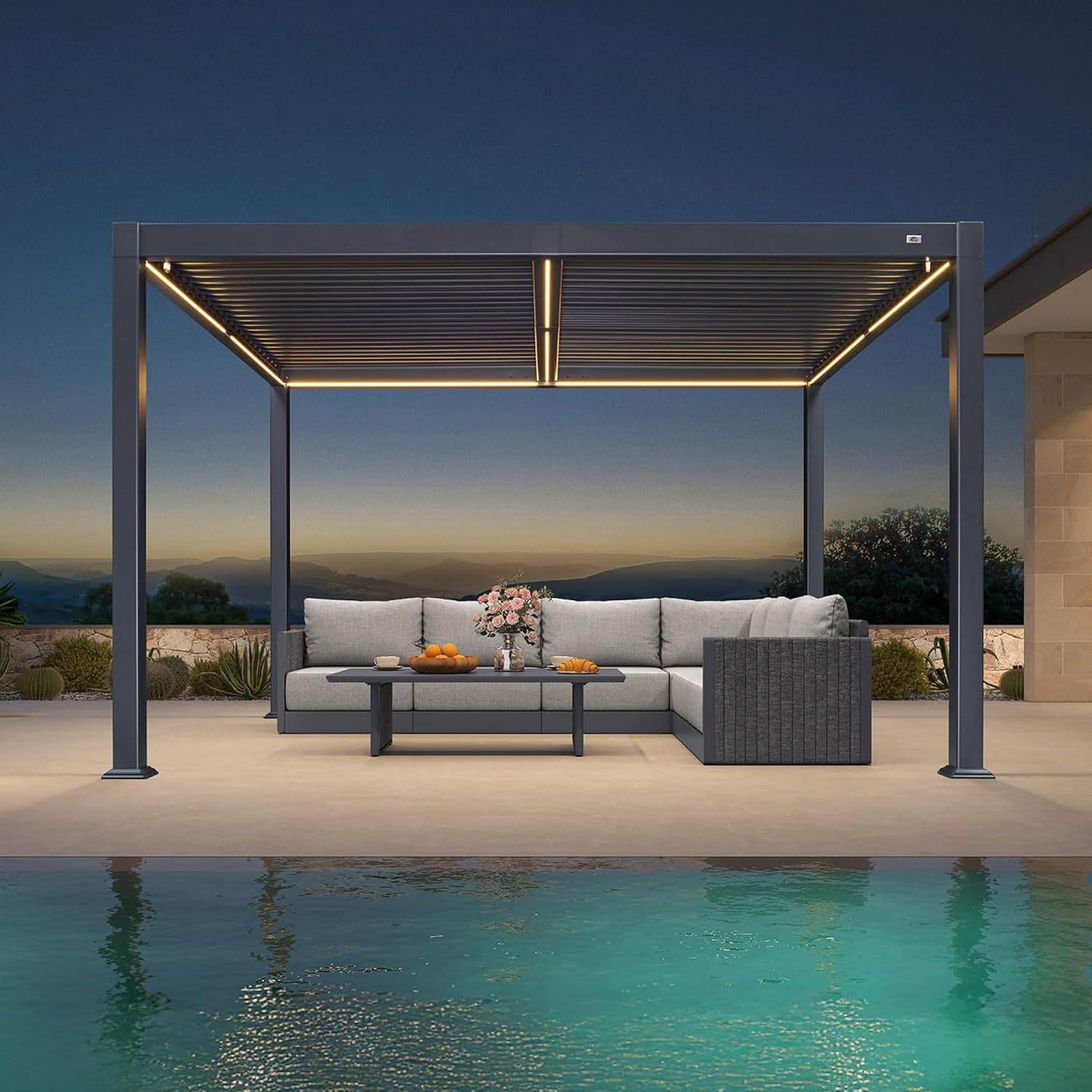 bleujardin - Pergola bioclimatique - 3 x 3,65 m - aluminium, lames orientables, LED, imperméable