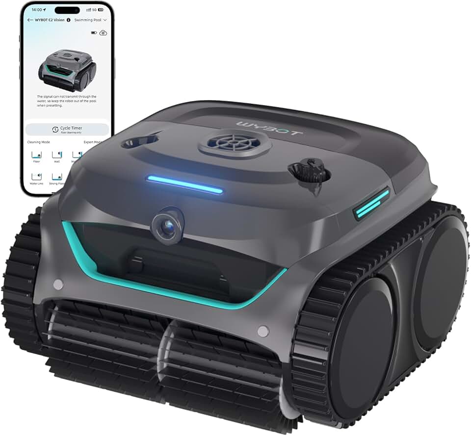 bleujardin (Nouveau Modèle) Robot Piscine sans Fil C2 Vision-A avec caméra IA, Filtration Ultra-Fine, Forte Aspiration, Nettoyage Fond/parois & Ligne d’Eau, Navigation Intelligente – Bleu-Vert Gris
