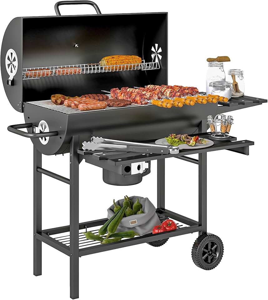 bleujardin - barbecue charbon de bois - grande taille - grille, couvercle thermomètre, roues, tablette pliable