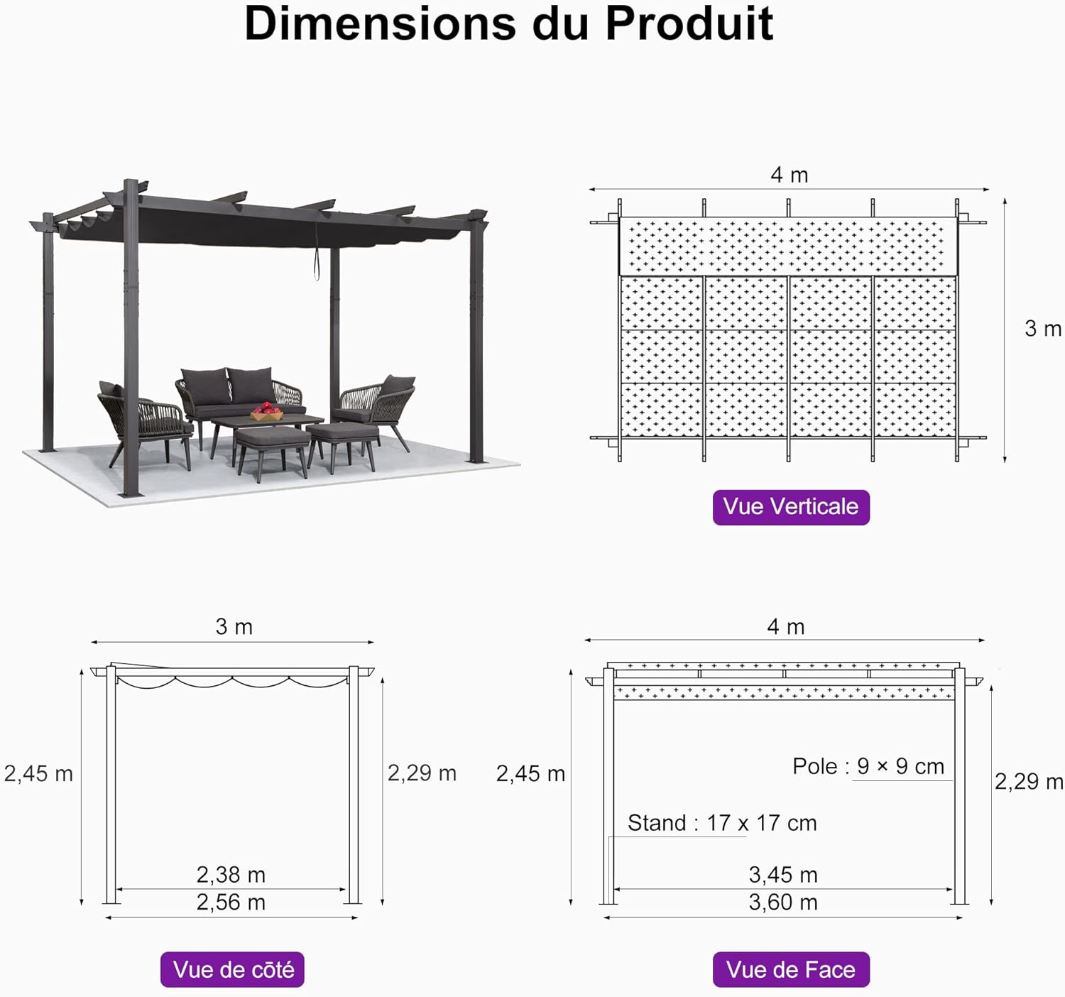 bleujardin - pergola aluminium série 4x3m rideau toit coulissant gris