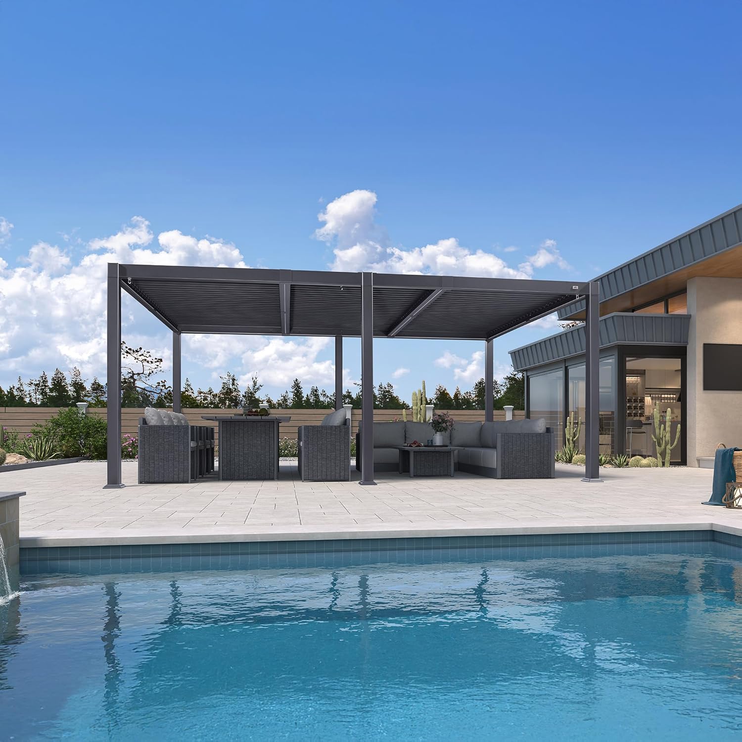 bleujardin - Pergola bioclimatique - 3,5x5,5m - alu, lames LED, étanche