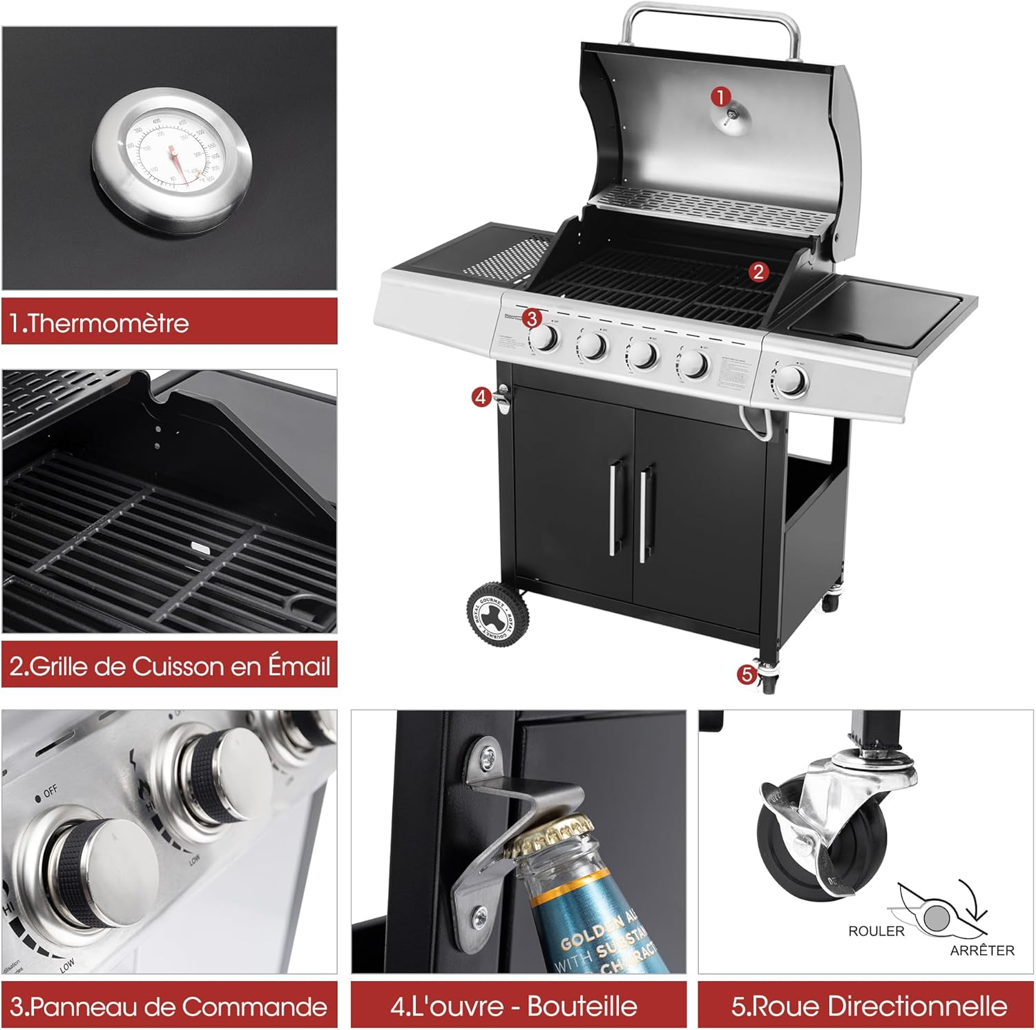 bleujardin – Barbecue Série 4+1 – 14,5kW, inox, tablettes, 2 portes