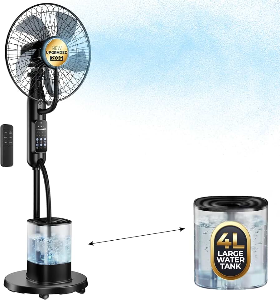 bleujardin - Ventilateur Brumisateur Amélioré - réservoir 4L, oscillant, 5 vitesses, minuterie, télécommande, 7,5h