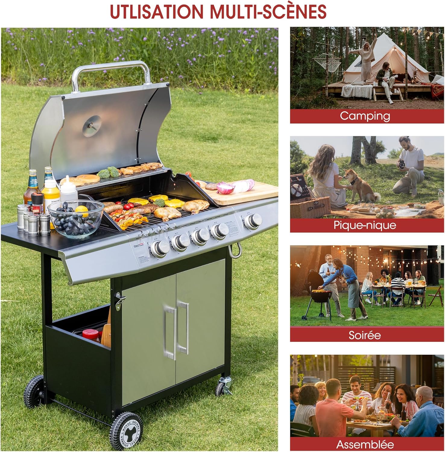 bleujardin - Barbecue Gaz 4+1 brûleurs inox - 14,5kW - 2 portes, thermomètre, roues directionnelles