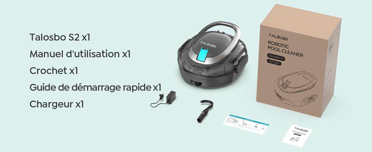 Le texte indique « bleujardin S2 x1 », « Manuel d'utilisation x1 », « Guide de démarrage rapide x1 », « Crochet x1 », « Chargeur x1 ». Disposition du contenu de l'emballage du produit avec un aspirateur robotique.