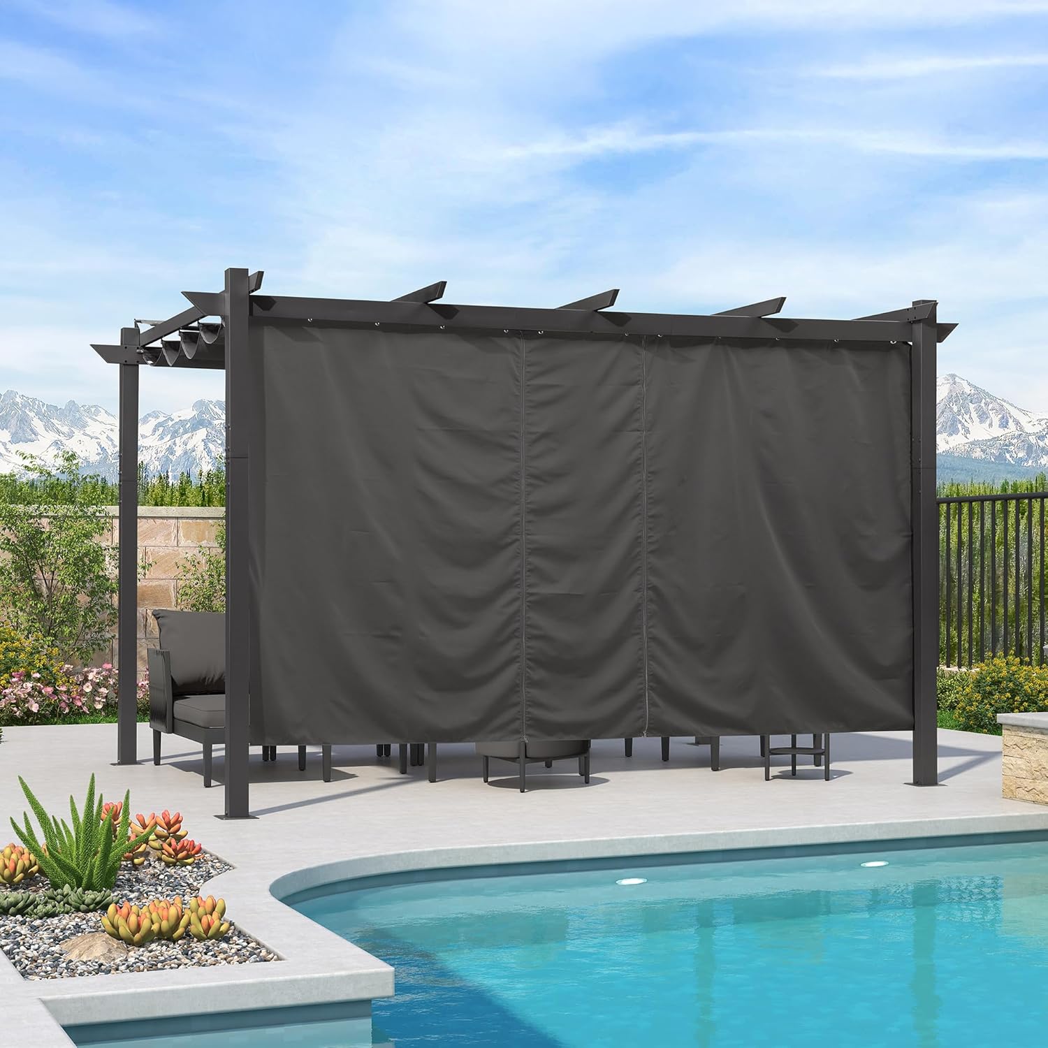 bleujardin - Pergola Aluminium - 4x3m - Rideau, toit rétractable, imperméable
