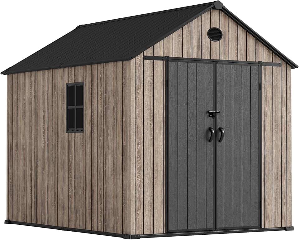 bleujardin Abri de jardin en résine 6,41 m² Oak O60 - Sol inclus - Fenêtre latérale - Aspect bois premium - Double porte large - Protection UV et imperméable - Fermeture par goupille - Ventilations