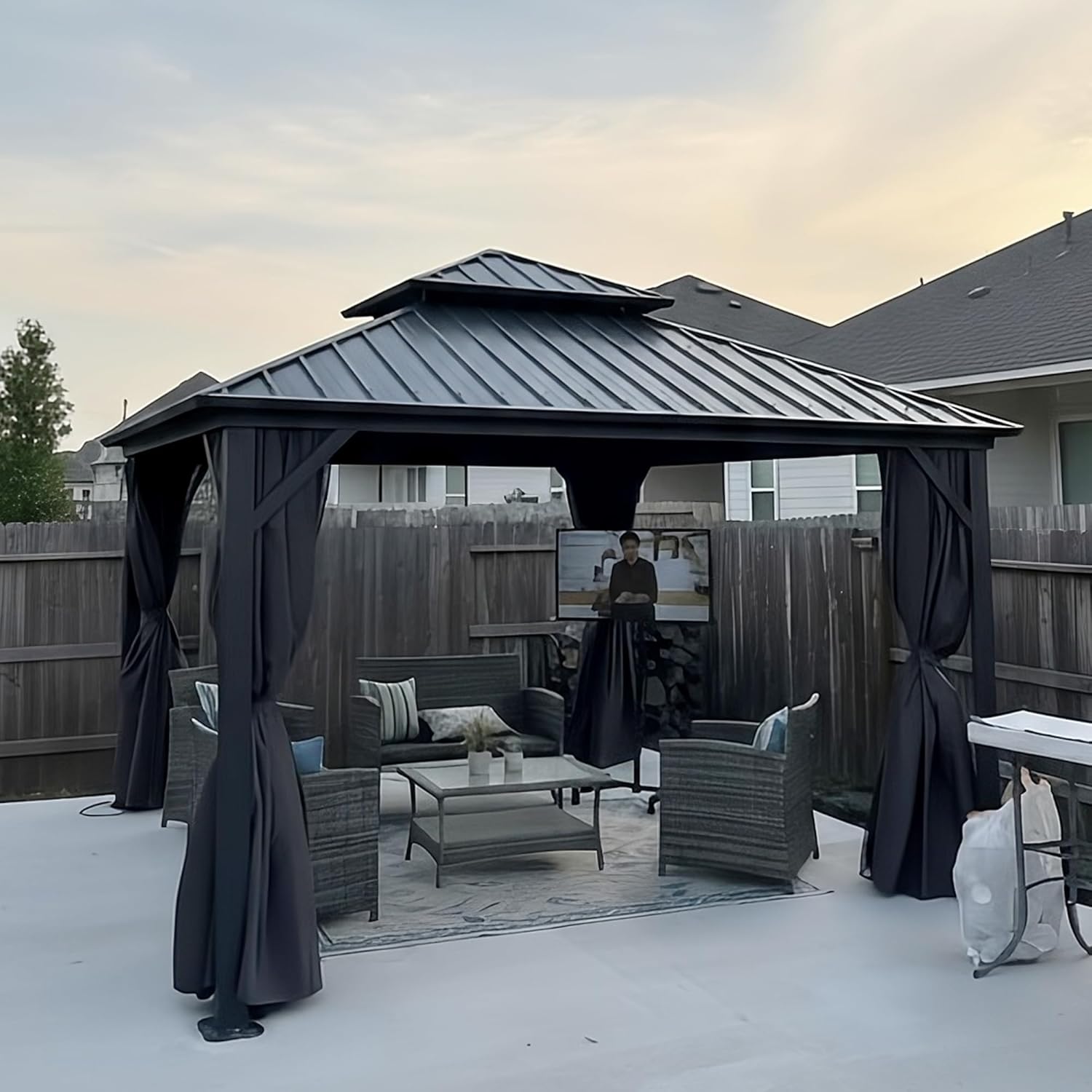 bleujardin - Pavillon jardin double toit alu 3,65x3,65m, rideaux, moustiquaire