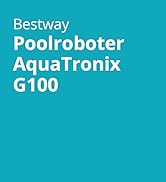 Le texte se lit comme suit : « bleujardin Poolroboter AquaTronix G100 ». Fond turquoise avec mise en page publicitaire de produit en texte blanc.
