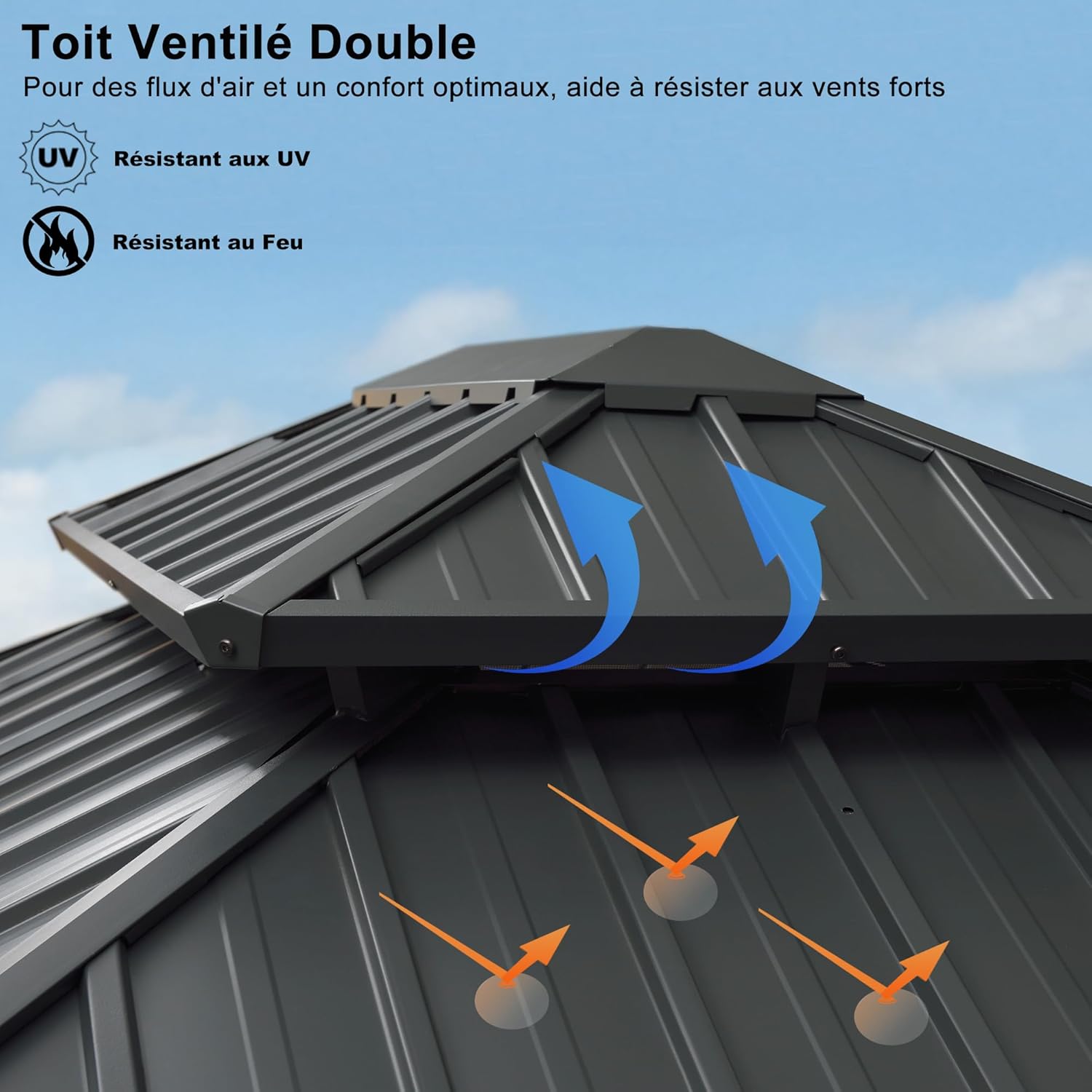bleujardin - tonnelle aluminium série - 4,85x3,65m - éclairage intégré, rideaux moustiquaires, gouttière, gris