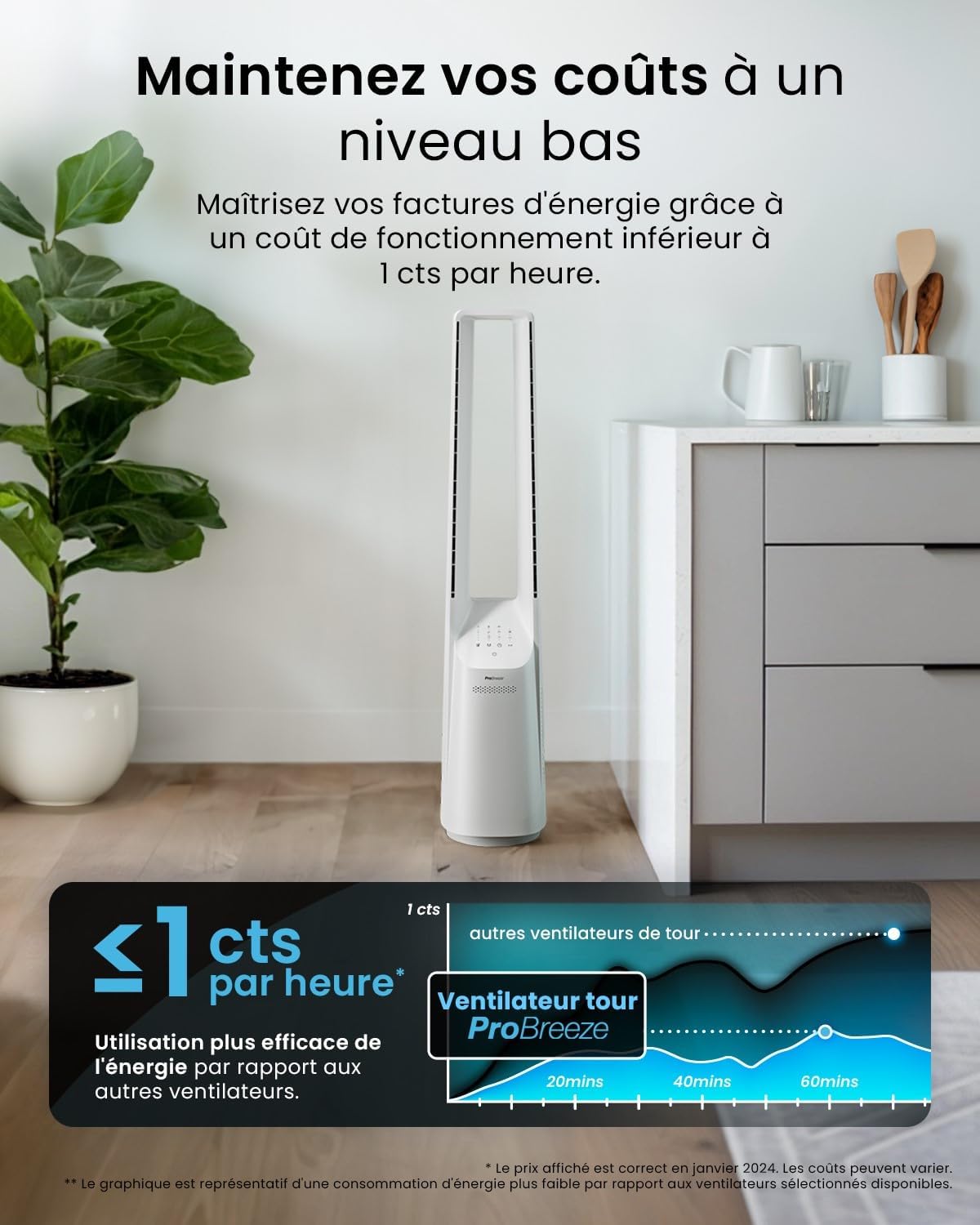 bleujardin - Ventilateur colonne, 101 cm - 6 vitesses, oscillation 60°, silencieux