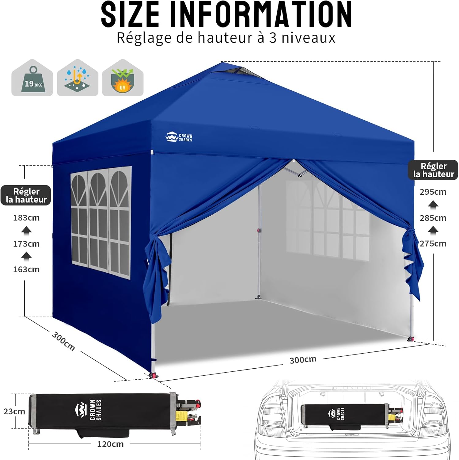 bleujardin - tonnelle pliante 3x3m - imperméable, UPF 50+, 4 parois amovibles