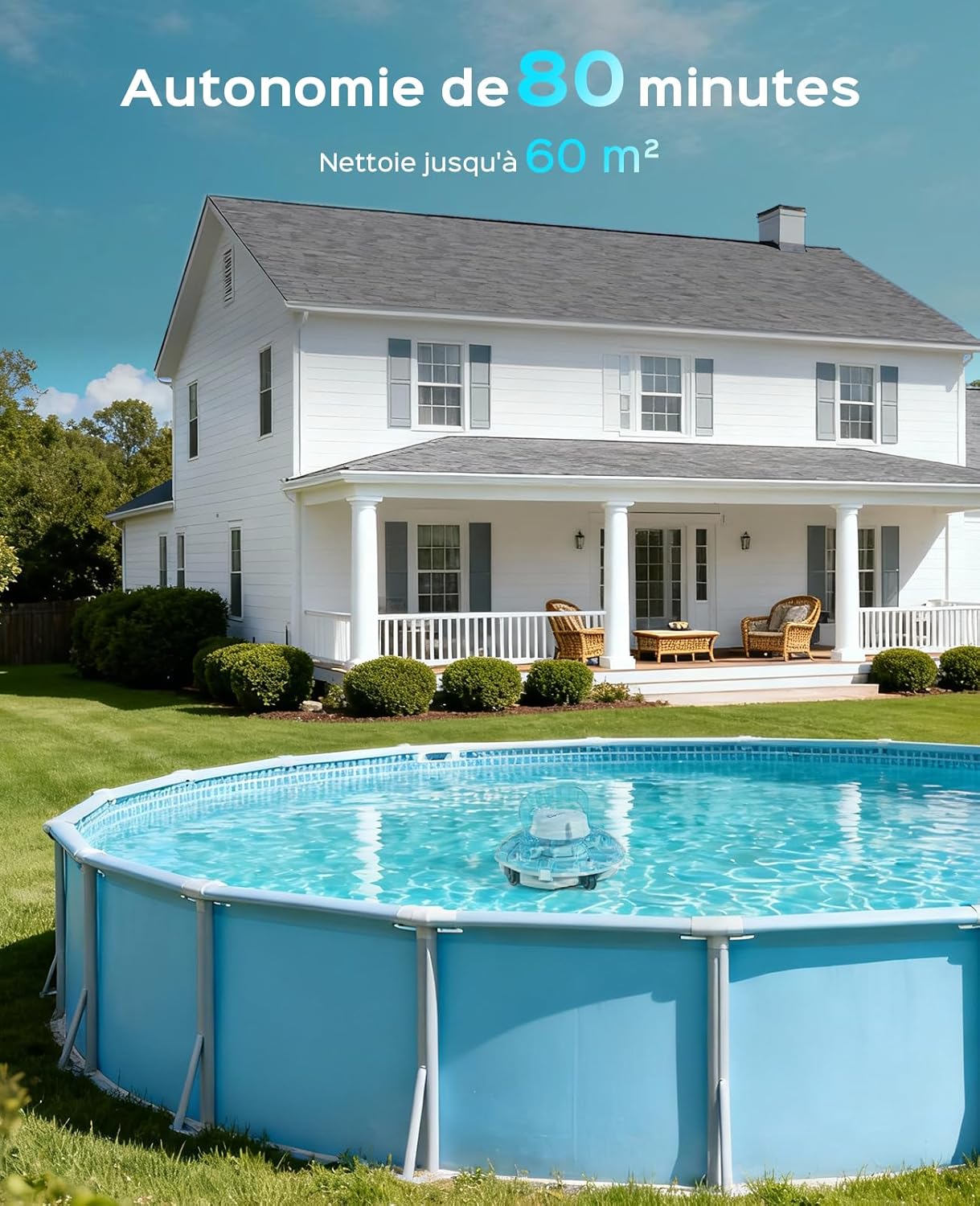 Winny - Robot piscine sans fil, 60m², double filtration, 80 min, Winny200P