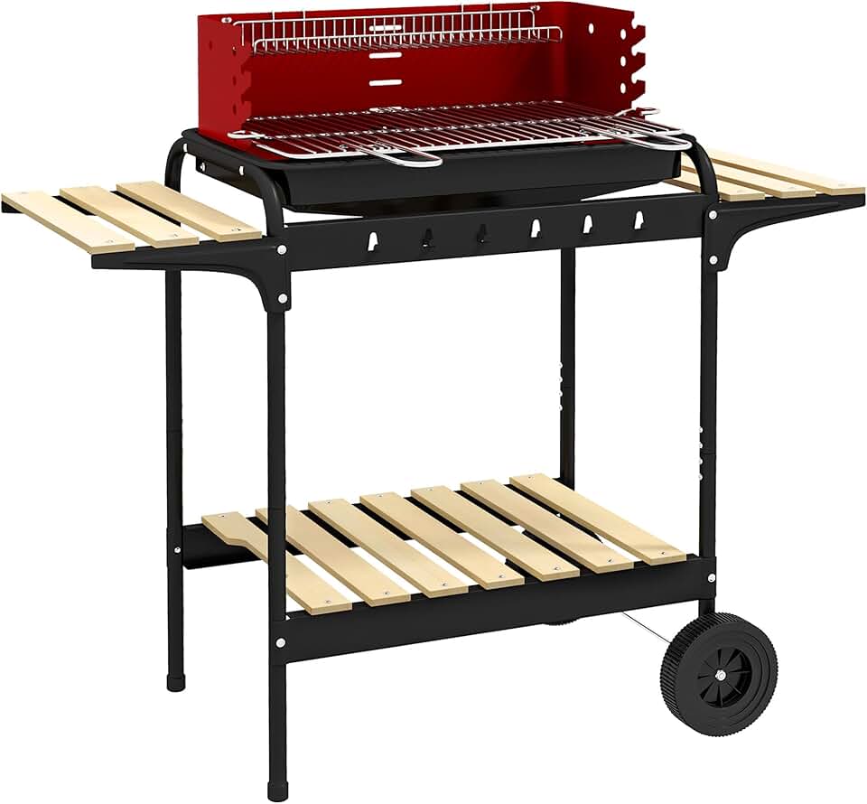 bleujardin - barbecue à charbon sur pied - 103x47x95cm - gril réglable, 2 roues, 3 étagères, bac à cendres