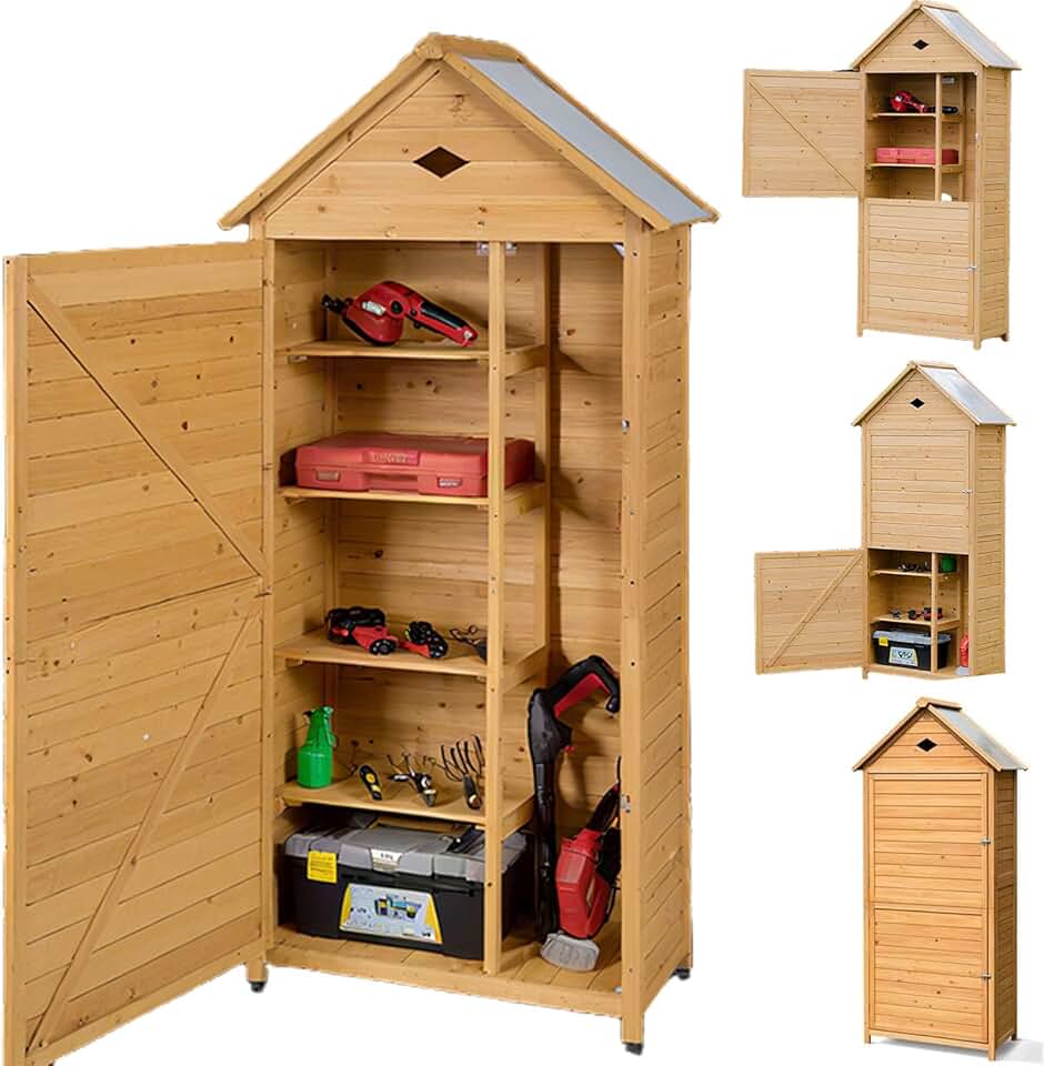 bleujardin Abri de Jardin en Bois de Sapin avec Porte Verrouillable, Toit Galvanisée,5 Étagères et Compartiment, Cabanon Jardin Extérieur