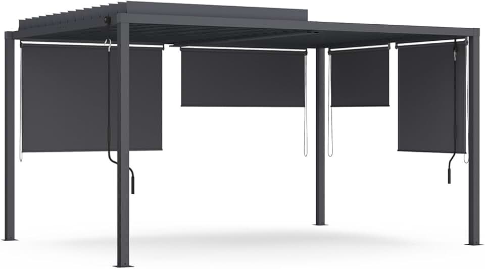 bleujardin - Pergola bioclimatique acier 3x4m, 4 stores, gris anthracite