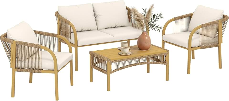 bleujardin - Salon de jardin 4 pcs - canapé 2 places, coussins, table basse, plateau acier imitation bois - kaki