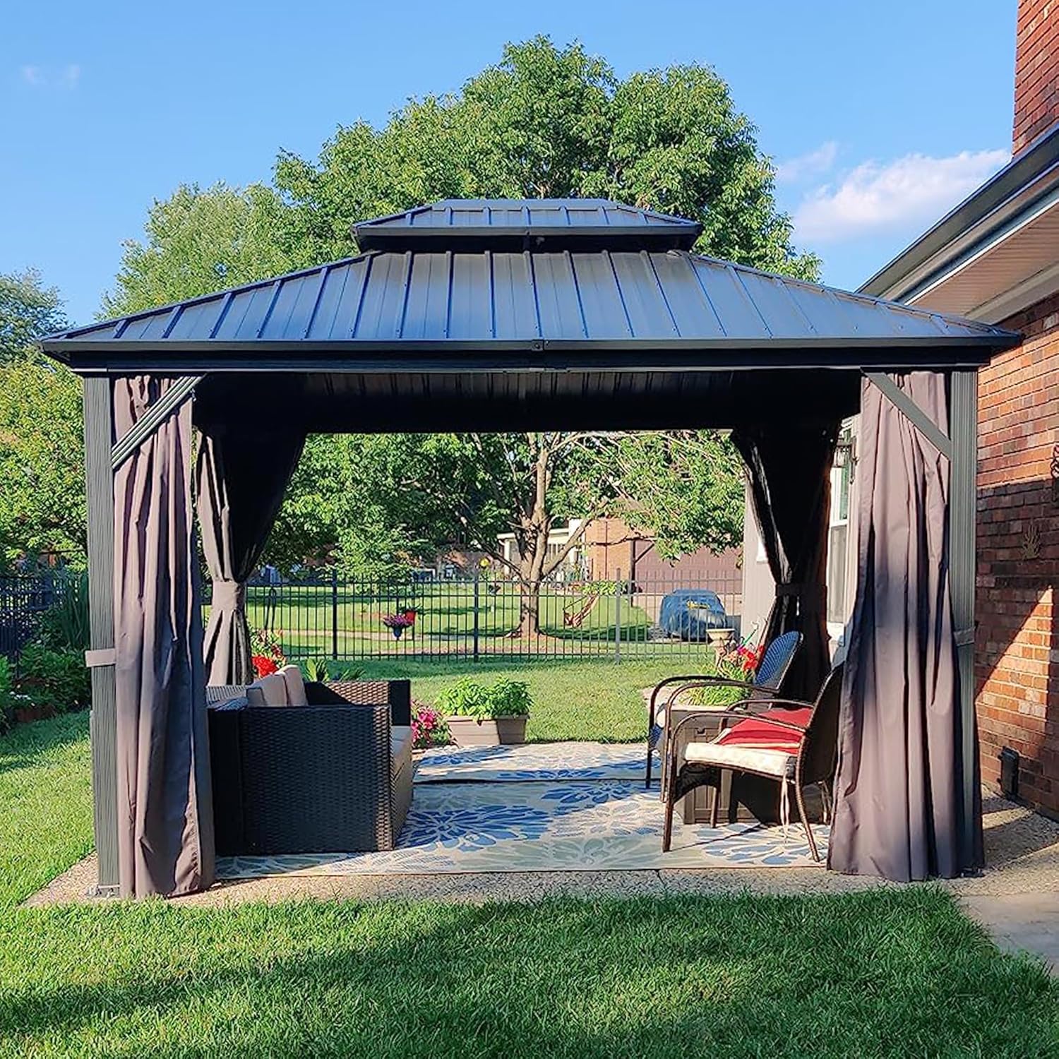 bleujardin - Pergola aluminium double toit 3,65x3m rideaux moustiquaire