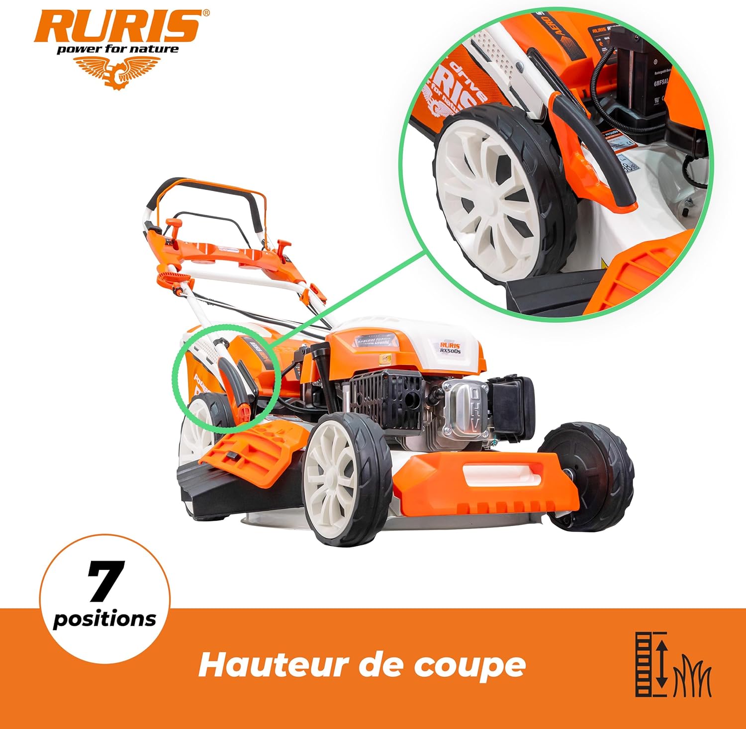 bleujardin Tondeuse à Gazon Thermique 5 en 1 Mulching 5,7 CV 196cc RX500S, Orange