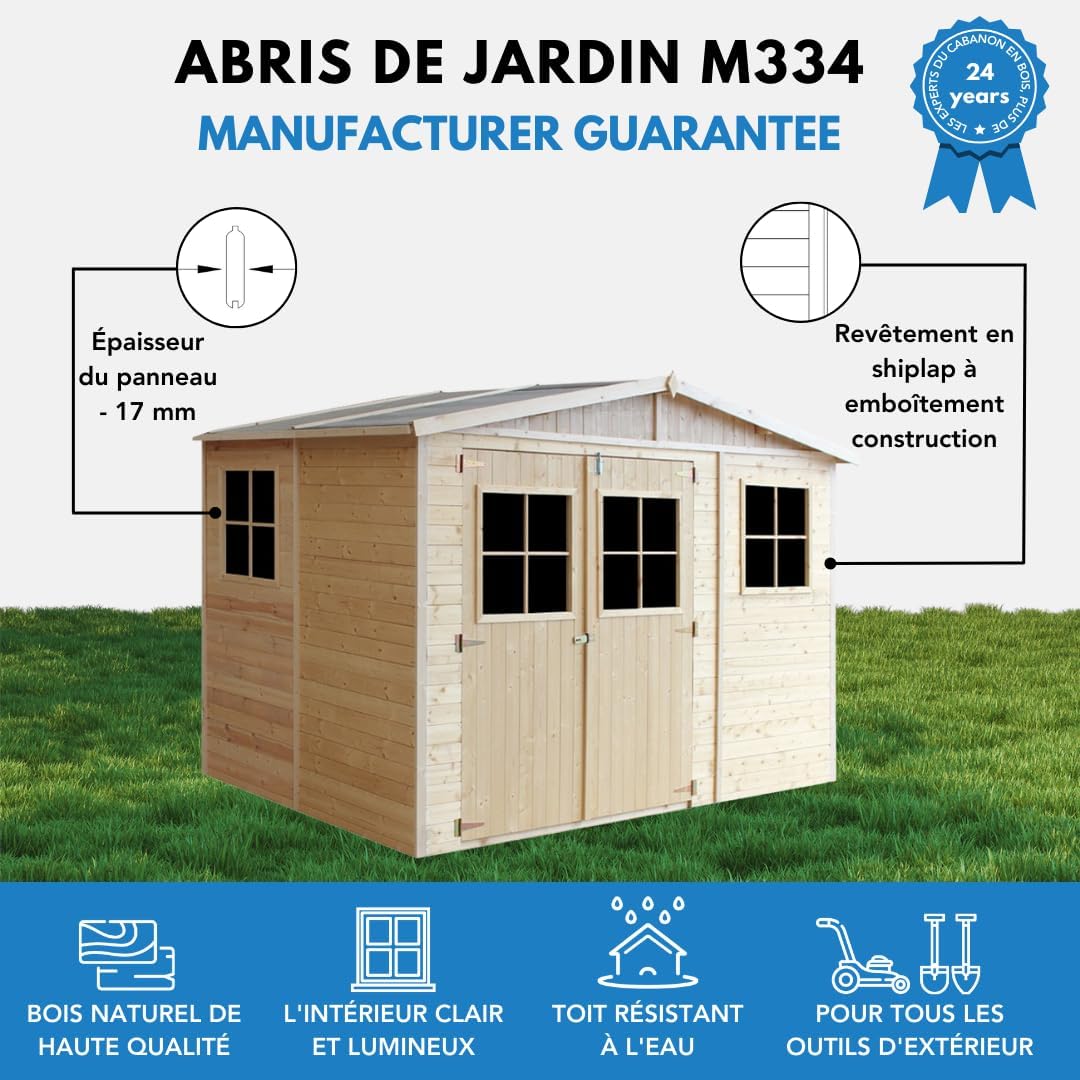 Abri de Jardin en Bois Exterieur avec Les PLANCHERS IMPRÉGNÉ- Cabane de Jardin en Pin/épicéa-H226x324x216 cm/6m2- Construction de Panneaux- Rangement pour vélos, Remise à Outils- bleujardin M334+M334G