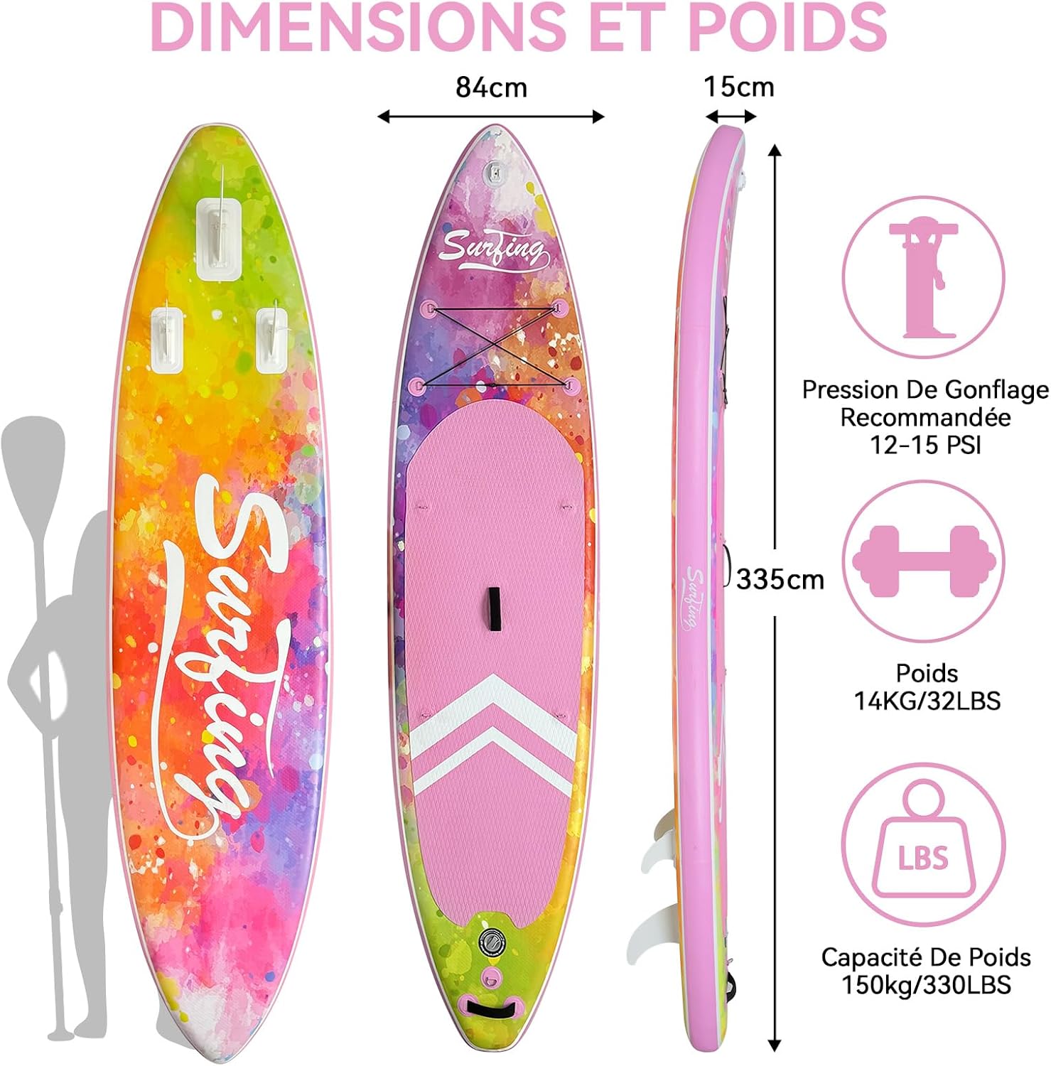 bleujardin - Paddle gonflable 320/335cm - 2 pers, siège kayak, 150kg