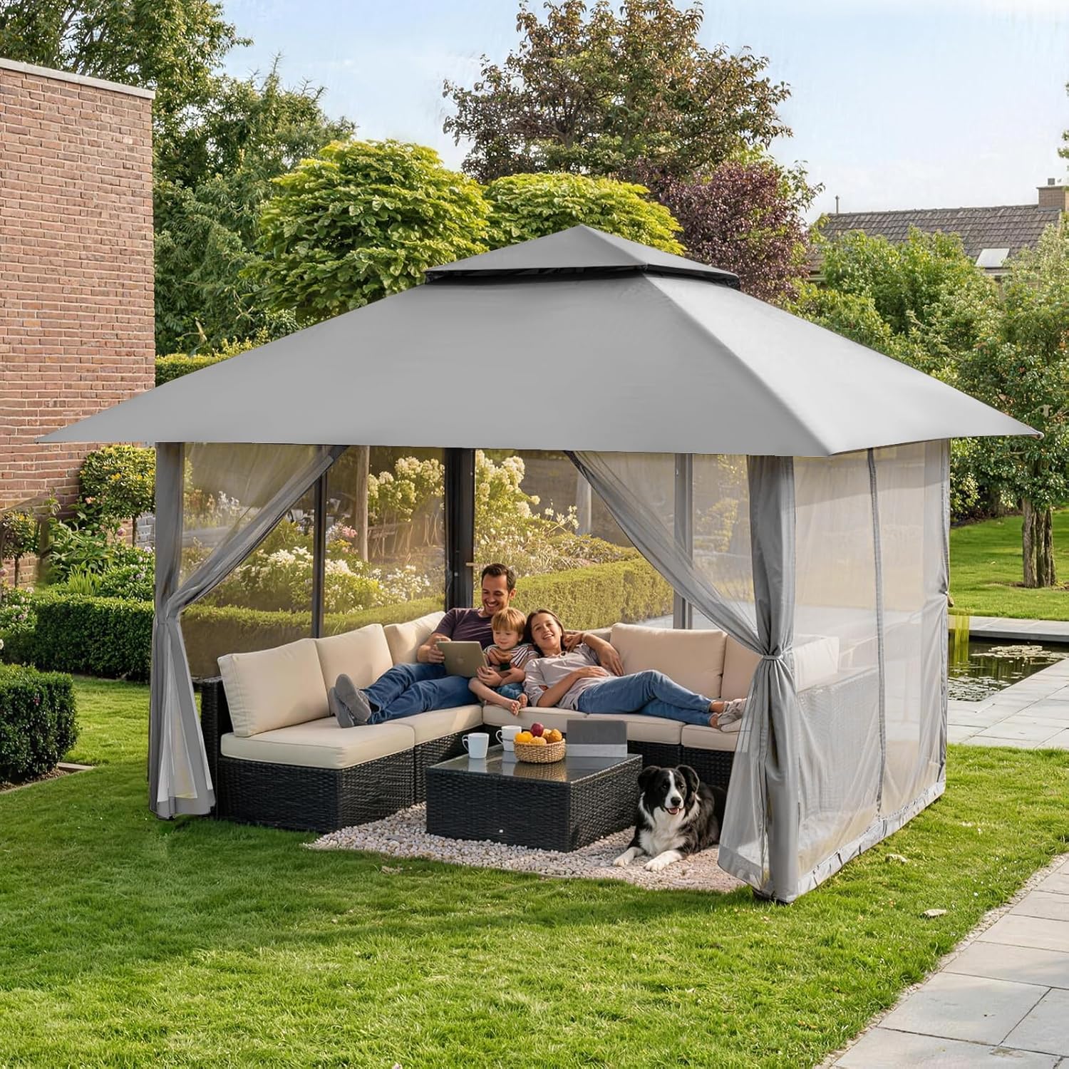 bleujardin - tonnelle jardin pop up - 4x4 m - double toit, côtés maille, hauteur réglable
