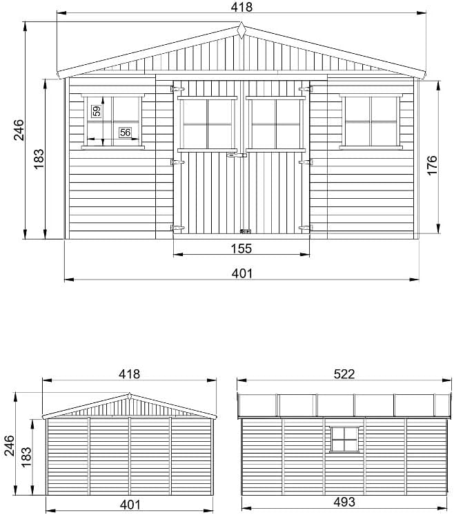 Abri de Jardin en Bois Exterieur avec Les PLANCHERS IMPRÉGNÉ- Maison de Jardin en Pin/épicéa-H246x418x522 cm/20 m²-Construction de Panneaux- Rangement pour vélos, Remise à Outils-bleujardin M333 +M333G