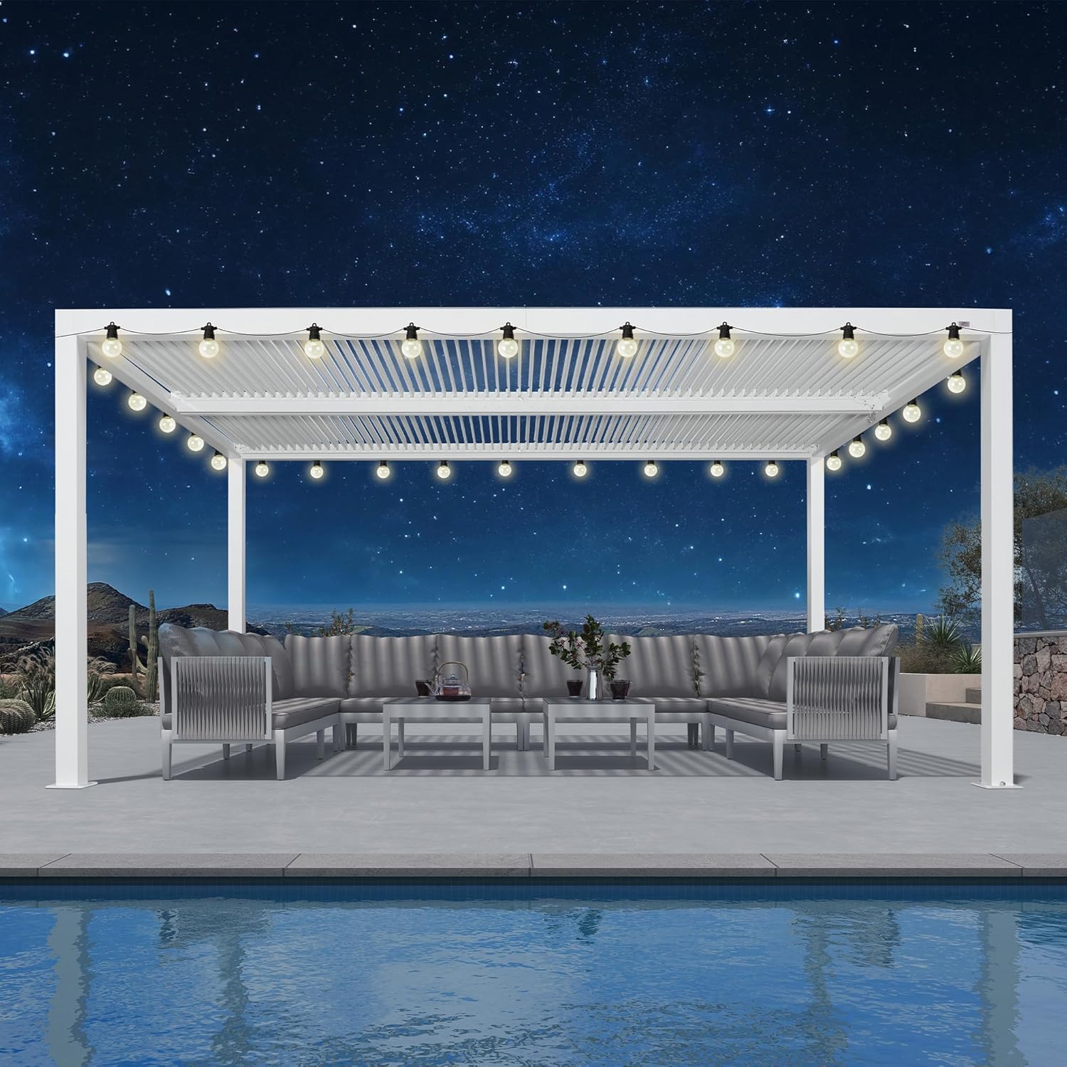 bleujardin - pergola bioclimatique - 4,6x3,3 m - alu, lames orientables, éclairage intégré