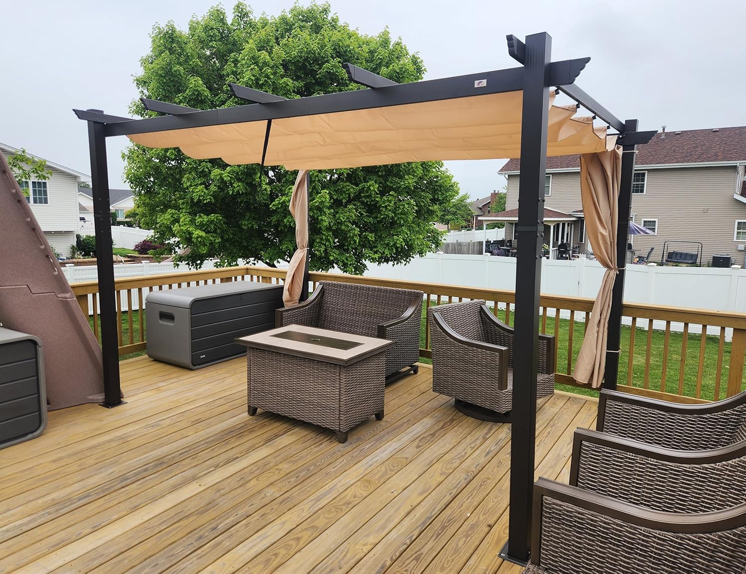 bleujardin - Pergola Aluminium - 4x3,2m - LED intégrée, toit rétractable, kaki