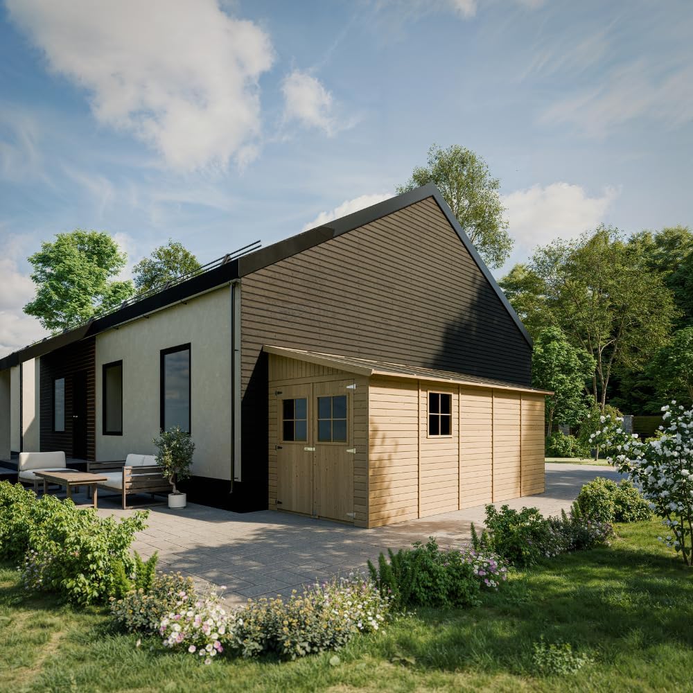 Abri de Jardin en Bois Naturel (avec paroi latérale) Plus Les PLANCHERS IMPRÉGNÉ- Stockage extérieur avec fenêtres- H244x218x514 cm/10 m2- Atelier Rangement Outils et vélos- bleujardin M341A+M341G