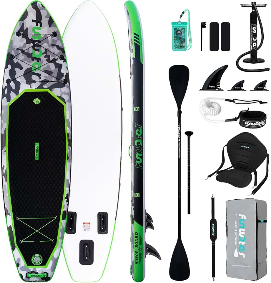 bleujardin Planche de stand up paddle gonflable de 330 cm - Kit complet avec pagaie, sac à dos, étui pour téléphone portable, 3 palmes, pompe, siège et bandoulière - Planche de SUP pour débutants et